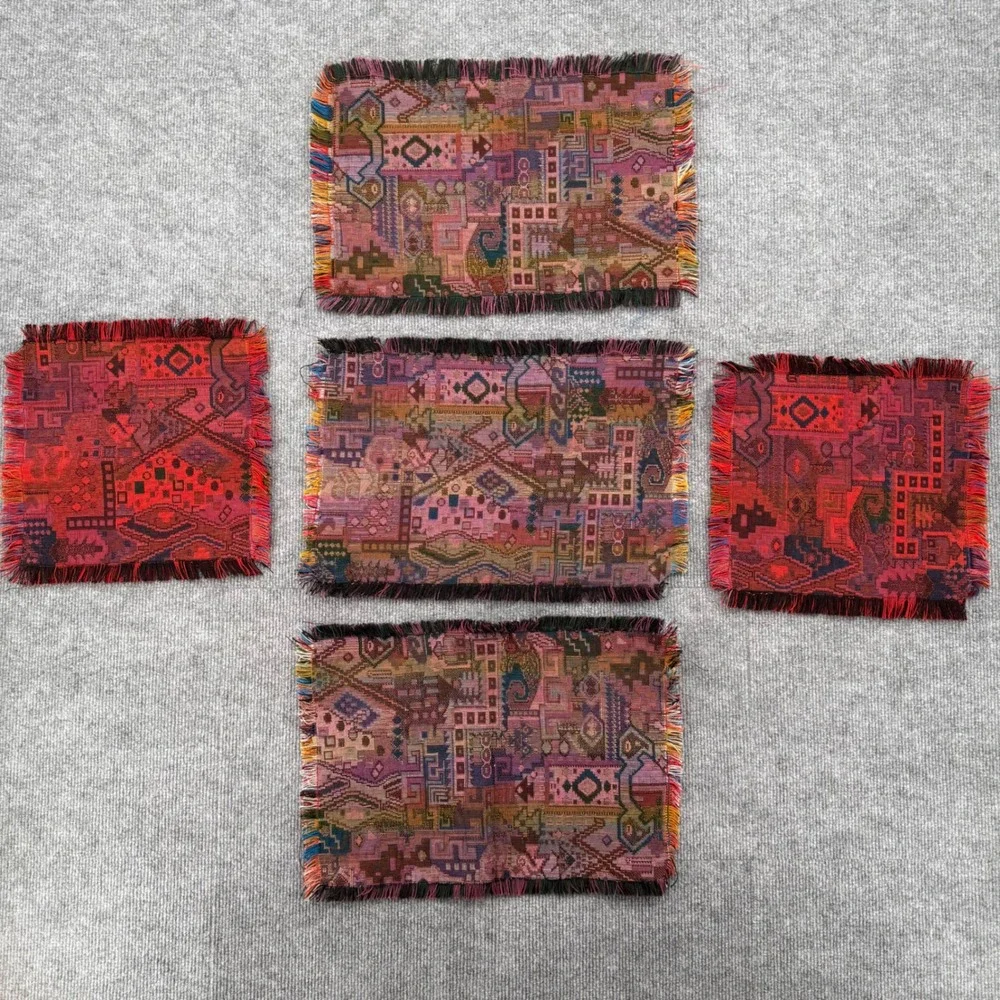 Vintage Woven Tapestry Druze Set of 5 Geometric Abstract Fringed Multi-Color